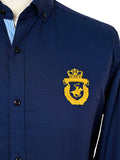 Kings Club Couture Shirt Button Down Regular Fit Navy Herringbone Woven Cotton Blend with embroidered logo KCSHC007