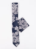 Peiro Butti Tie with Pocket Square Navy with White Leaf pattern PBTPS005