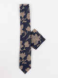Peiro Butti Tie with Pocket Square Navy with Grey leaf pattern PBTPS017