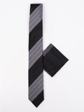 Pierre Cavelli Tie & Pocket Square  Bllack & Grey Stripes PCTPS009