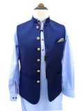 Nabeel & Aqeel Waistcoat Royal Blue Gold Crest Button Tropical Fabric NWCB0068