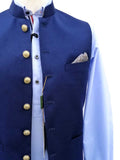Nabeel & Aqeel Waistcoat Royal Blue Gold Crest Button Tropical Fabric NWCB0068
