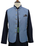 Nabeel & Aqeel Waistcoat Sky Blue Orginal Silver Crest Button Tropical Fabric NWCB0072