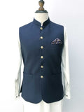 Nabeel & Aqeel Waistcoat Dark Navy Gold Button Tropical Fabric NWCB0073